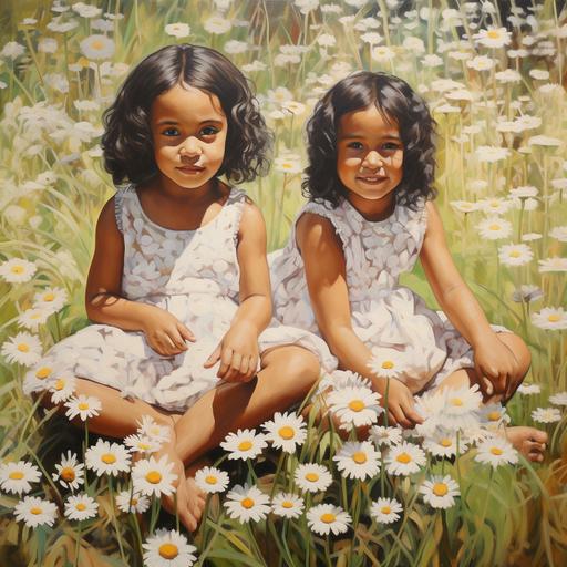 maori/samon baby girls sitting in a daisy field