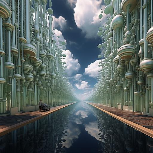 Creative photo of surrealistic spreadsheets where columns are buildings and rows are streets, data took shape of the clouds, lsystem gardens, floating fractals, formula cars, figures walking, dates flowing in the oceans, I can't believe how beautiful this is --s 40