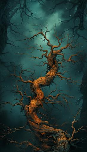 Sequoia with hanging branches, in the style of ethereal fantasy, dark cyan and orange, mystical symbolism, twisted imagination, sketchfab, high-resolution, transcendent --ar 4:7