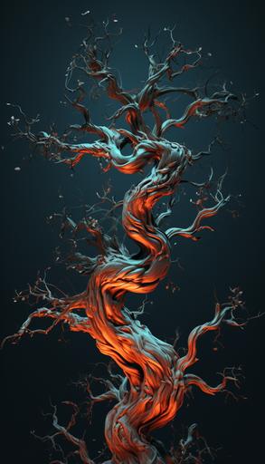 Sequoia with hanging branches, in the style of ethereal fantasy, dark cyan and orange, mystical symbolism, twisted imagination, sketchfab, high-resolution, transcendent --ar 4:7