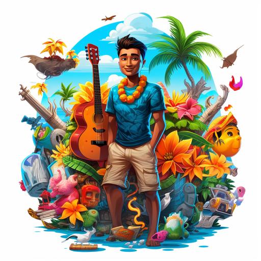 Hawaiian guy, surrounded by things represent Hawaii, Cartoon style, –ar 2:3