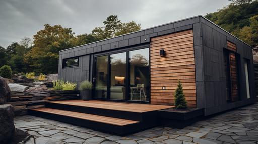 A 1-story tiny house built by Prodatek A/S. Cladded with slate slabs. Photographed from the front by a Sony AR7 iii --ar 16:9