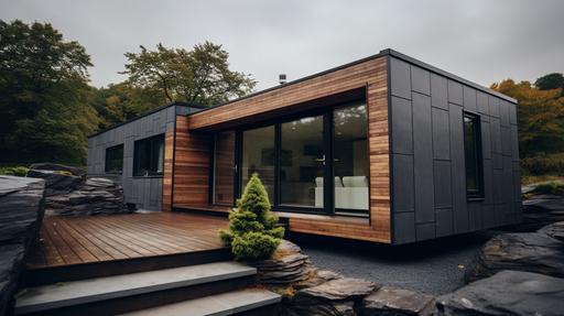 A 1-story tiny house built by Prodatek A/S. Cladded with slate slabs. Photographed from the front by a Sony AR7 iii --ar 16:9