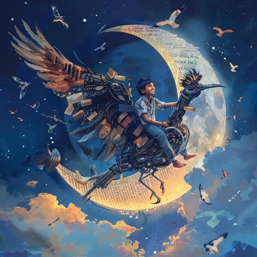 A 10-year old Indian boy dressed in pajamas sitting on the back of a giant mechanical crested hoopoe bird with a crest flying in the night sky toward a giant magical moon. This magical moon is made up of words and books. Both the boy and the hoopoe are smiling, and the hoopoe is 3 times as large as the boy. there should be no other birds in the sky. Overall look should be a combination of fantasy and magic with elements of steampunk. No other element in the background --v 6.0