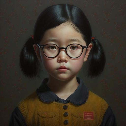 A 10-year-old girl, wearing glasses, dressed neatly, an intelligent child, with a roundish face shape, black hair, school background, korean