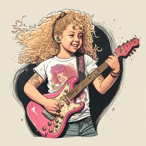 A 10 year old girl with blonde curly hair smiling and playing a pink electric guitar, old school tattoo style, white background, high detailed