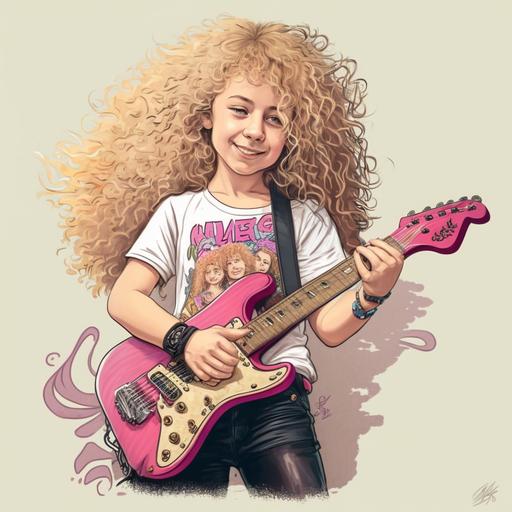 A 10 year old girl with blonde curly hair smiling and playing a pink electric guitar, old school tattoo style, white background, high detailed