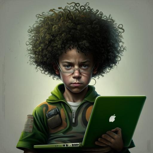A 10 years old boy with curly hear and a green laptop