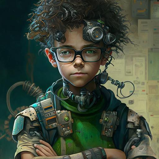 A 12-year-old boy wears green glasses, has soft hair, has a digital watch, wears green and black clothes, and loves robots --q 2 --v 4 --s 750