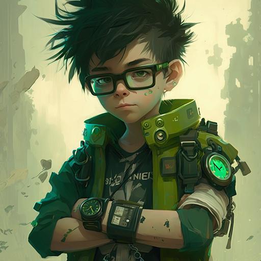 A 12-year-old boy wears green glasses, has soft hair, has a digital watch, wears green and black clothes, and loves robots --q 2 --v 4 --s 750