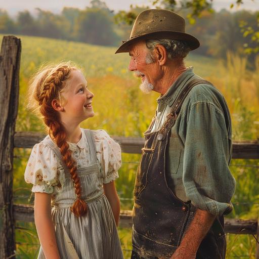 A 12-year old girl with thick red hair tied in two braids dressed in a simple frock and apron is smiling up at a 50-year old man dressed in overalls and a hat who is smiling back at her. He has salt-and-peper hair and moustache and sideburns and is much taller than her. They are standing in a meadow next to a fence. Both are caucasian and look from 1910. Overall look is of an oil painting.