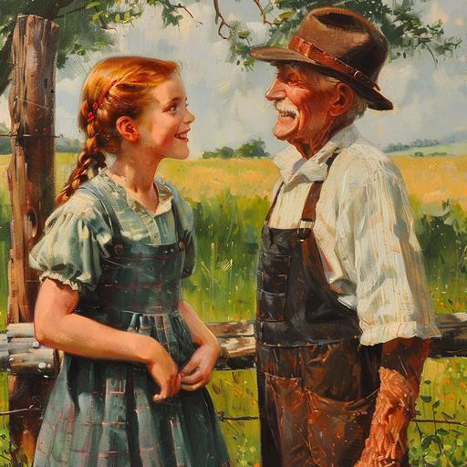 A 12-year old girl with thick red hair tied in two braids dressed in a simple frock and apron is smiling up at a 50-year old man dressed in overalls and a hat who is smiling back at her. They are standing in a meadow next to a fence. Both are caucasian and look from 1910. Overall look is of an oil painting.