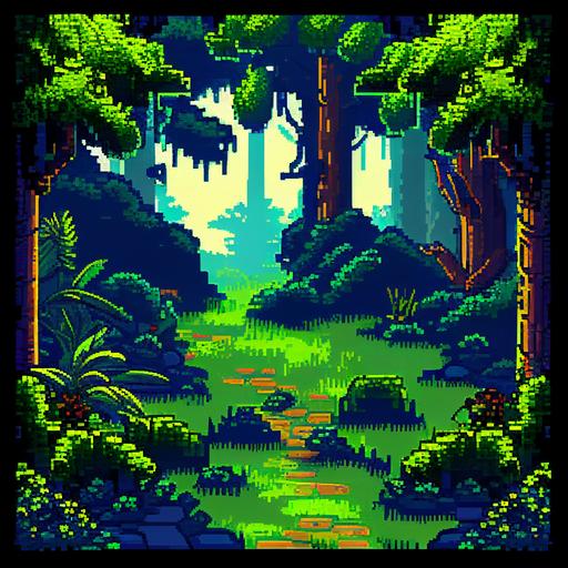 A 16-bit style digital tile set, 128x128 pixels, for a fantasy RPG, depicting lush forests, ancient ruins, and magical landscapes, created with intricate patterns, vibrant colors, and bold contrasts. The top-down perspective provides a unique visual experience, while the pixel art style conveys nostalgia and wonder. Lighting casts soft shadows, enhancing depth and atmosphere. Inspired by artists like Shigeru Miyamoto and Toby Fox. Ethereal, enchanting, immersive --s 1000