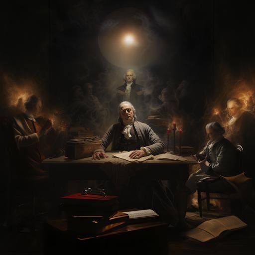 A 19th century man sitting at a wooden desk. He has his eyes closed and he is in a trance. Behind him are floating the spirits of Thomas Jefferson and Benjamin Franklin. Hyperrealistic.