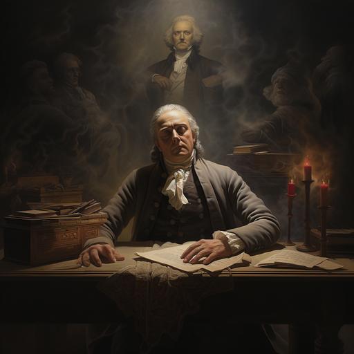 A 19th century man sitting at a wooden desk. He has his eyes closed and he is in a trance. Behind him are floating the spirits of Thomas Jefferson and Benjamin Franklin. Hyperrealistic.