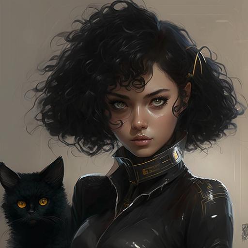 A 20-year-old Women in China with big eyes, high nose,cat_hair_ornament，Wearing a black collar around the neck， big waves and curly hair, wearing a black patent leather T-shaped Skin-tight garment, kneeling on the bed with a charming smile, Cyberpunk style:: --v 4