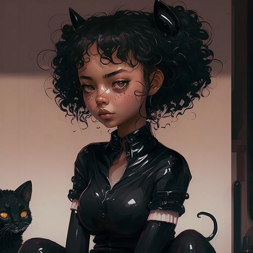 A 20-year-old Women in China with big eyes, high nose,cat_hair_ornament，Wearing a black collar around the neck， big waves and curly hair, wearing a black patent leather T-shaped Skin-tight garment, kneeling on the bed with a charming smile, Cyberpunk style:: --v 4