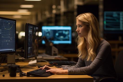 A 2023 image set in the prestigious Stanford University's mathematics lab. The scene features a 22-year-old female math professor with blond hair, captured in a thoughtful pose with her chin resting on her hand. She is seated at a state-of-the-art computer with a sleek, modern design, indicative of the latest technology in 2023. The background is adorned with a large, interactive digital screen displaying complex math equations and dynamic diagrams. The lab is designed with Stanford's signature style, blending traditional academic elegance with contemporary technological advancements. Natural light streams in through large windows, illuminating the room and highlighting the professor's focused expression and the interactive technology surrounding her. --ar 3:2