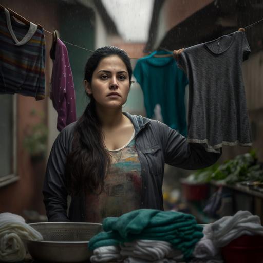 A 27-year-old Mexican woman, wet brown hair with small eyes, picking up her clothes from a clothesline while it is raining heavily, looking at her clothes sadly, The image is taken with a Canon EOS 5D Mark IV and a 200mm f/plane lens 32 in a patio with hanging clothes