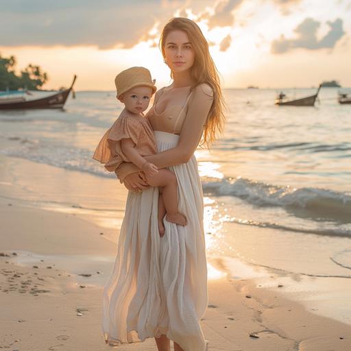 A 28-year-old woman stands on the soft, white sands of a picturesque beach in Thailand. It's a serene setting, with the gentle turquoise waves lapping at the shore. The woman has a sun-kissed complexion and her hair is styled in loose, natural waves that catch the light of the golden hour sunset. She's wearing a lightweight, flowing sundress that moves with the ocean breeze. Her attire reflects the vibrant yet relaxed beach culture, adorned with subtle tropical patterns. In her arms, she cradles her baby girl, who is about a year old. The baby has a cherubic face, a hint of a smile, and is dressed in a cute, miniature version of a beach outfit--a tiny sun hat and a playful, brightly colored one-piece suit. Both mother and daughter are barefoot, their toes buried slightly in the warm sand. They are posing in front of the camera for a half-body portrait, capturing the essence of a joyful and peaceful moment shared between them. The background is a blur of the setting sun, silhouetted palm trees, and the distant outline of traditional Thai longtail boats bobbing on the water. The whole scene exudes the warmth and beauty of a tranquil beach retreat in Thailand. --v 6.0