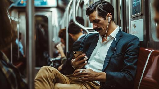 A 30 year old man, sitting in a crowded NYC subway car, with AirPods in his ears, looking down at his iPhone, he is wearing a dark blue blazer and white dress shirt as well as tan dress pants and black shoes, he has a mustache, photo is a candid taken from directly across the subway car --ar 16:9 --s 50 --v 6.0