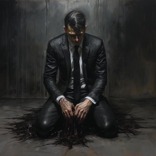 A 30 year old man wearing a suit and leather shoes, kneeling on the ground with his legs open, his eyes covered in black cloth, his hands tied behind his back with a tie, his body covered in scars, and tears streaming down his face