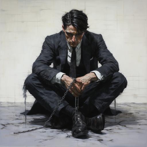 A 30 year old man wearing a suit and leather shoes, kneeling on the ground with his legs open, his eyes covered in black cloth, his hands tied behind his back with a tie, his body covered in scars, and tears streaming down his face