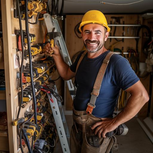 A 30 years happy old professional electrician with yellow hard hat, with leather tools belt full of diagnostic tools back turned climbing a step ladder while rewiring a house