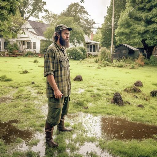 A 35-year-old man on his garden plot looks in surprise at the waterlogged lawn after the rain.