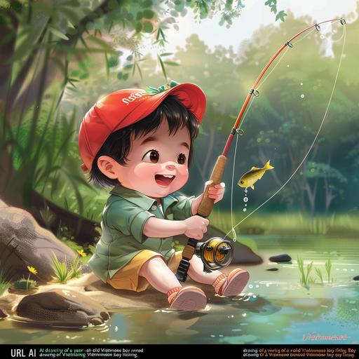 A 4-year-old Vietnamese boy named Bo is fishing with his family. Overall: Happy and curious expression, showing excitement for fishing. Wearing a green khaki outfit and a red baseball cap. Holding an orange fishing rod in one hand and the fishing line in the other. Sitting on the shore of a lake surrounded by lush greenery. Details: Short black hair, slightly tousled by the wind. Round, dark eyes filled with curiosity. Long, straight nose. Smiling slightly, eagerly waiting for a fish to bite. Dark, healthy skin. Green khaki button-up shirt and yellow khaki shorts. Red baseball cap with a fish图案. 80-cm orange fishing rod. White fishing line with a green bobber. Lakeside setting with lush trees and a calm lake surface. Additional suggestions: Include a small fish swimming in the lake. Include Bo's family enjoying themselves on the lakeshore. Add a focused and patient expression to Bo's face as he fishes. Notes: The image should depict the joy and innocence of a 4-year-old boy. Use bright and vibrant colors. Keep the drawing style simple and cute. Example AI prompts: 