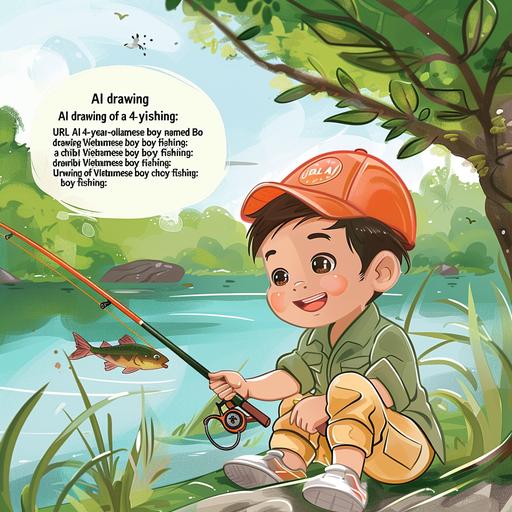 A 4-year-old Vietnamese boy named Bo is fishing with his family. Overall: Happy and curious expression, showing excitement for fishing. Wearing a green khaki outfit and a red baseball cap. Holding an orange fishing rod in one hand and the fishing line in the other. Sitting on the shore of a lake surrounded by lush greenery. Details: Short black hair, slightly tousled by the wind. Round, dark eyes filled with curiosity. Long, straight nose. Smiling slightly, eagerly waiting for a fish to bite. Dark, healthy skin. Green khaki button-up shirt and yellow khaki shorts. Red baseball cap with a fish图案. 80-cm orange fishing rod. White fishing line with a green bobber. Lakeside setting with lush trees and a calm lake surface. Additional suggestions: Include a small fish swimming in the lake. Include Bo's family enjoying themselves on the lakeshore. Add a focused and patient expression to Bo's face as he fishes. Notes: The image should depict the joy and innocence of a 4-year-old boy. Use bright and vibrant colors. Keep the drawing style simple and cute. Example AI prompts: 