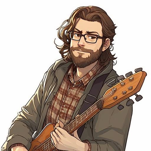 A 45-year-old man, 6 feet 1 inch tall, 220 pounds, long light brown hair with some gray, square-framed glasses, a short beard, playing a guitar. manga style