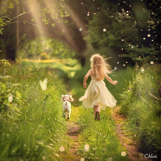 A 5-year-old girl with blonde hair and blue eyes from Northern Ireland embarks on a whimsical journey through the rolling green hills and charming countryside, accompanied by her loyal dog and a mischievous fairy. The word 