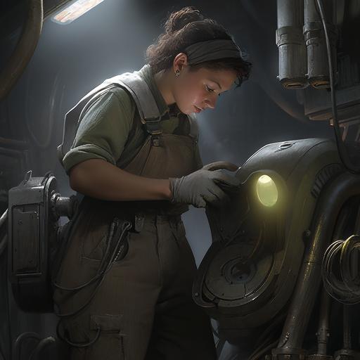 A 6 foot tall woman with broad shoulders and a muscular but chubby build is using a torch to repair the interior of a large ship. She has short messy black hair tied back in a bun. She has green eyes that are narrowed in deep concentration. Her face is angular and defined, with high cheekbones and a strong jawline. She is wearing a mechanics jumpsuit and sensible boots, in the style of earthy colors, d&d, light bronze and green, even mehl amundsen, strong lighting contrasts, comic-inspired, stark contrast --c 0 --s 1000 --style expressive --niji 5