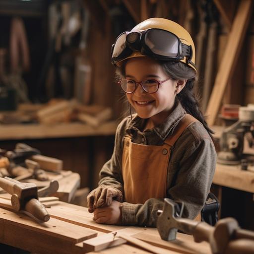 A 7-year-old child dressed as a carpenter, wearing a charming smile, deftly wields both electric and manual tools. The child's eyes gleam with curiosity and joy, reflecting the pride in their craftsmanship. With tiny hands gripping the tools, they bring life to pieces of wood, creating whimsical structures. The workshop around them is filled with the aroma of sawdust and the hum of creativity. This scene captures the essence of youthful exploration and the joy of creating something tangible from scratch. Photo taken by Elena Martinez with a Nikon D3500 and a 50mm lens, featuring warm studio lighting and dramatic shadows that highlight the child's enthusiasm. 8K, Ultra-HD, Super-Resolution. --v 5.0 --s 750