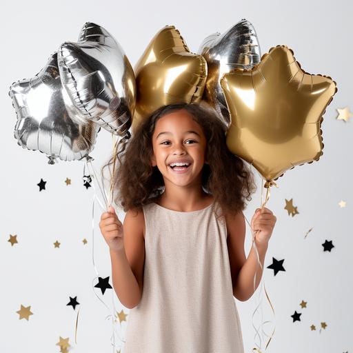 A 7-year-old girl in front of a studio white background, clutching the strings of a cluster of balloons in one hand. The assortment features reflective silver and gold star-shaped foil balloons, along with a variety of latex balloons--some are solid black, others transparent with golden confetti, and additional white balloons with gold confetti. This delightful array of helium balloons floats above, creating a joyous and festive mood suitable for a child's birthday party or a similar celebration. Photo realistic. Not too photoshoped