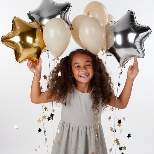 A 7-year-old girl in front of a studio white background, clutching the strings of a cluster of balloons in one hand. The assortment features reflective silver and gold star-shaped foil balloons, along with a variety of latex balloons--some are solid black, others transparent with golden confetti, and additional white balloons with gold confetti. This delightful array of helium balloons floats above, creating a joyous and festive mood suitable for a child's birthday party or a similar celebration. Photo realistic. Not too photoshoped