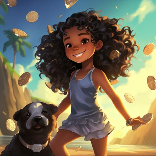 A 9-year-old girl with curly black hair and black eyes. She has an adventurous spirit and is depicted wearing shorts and a t-shirt. In the image, the girl is holding a shiny coin in one hand and a piggy bank in the other hand. The background should portray a vibrant and magical world filled with floating coins, dollar signs, piggy banks, and colorful money-related illustrations. The style should be cartoon-like, with bright and inviting colors
