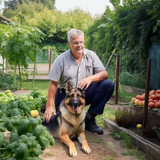 A BEAUTIFUL VEGETABLE GARDEN FULL OF TOMATO PLANTS AND A PHOTO REALISTIC PHOTO OF A GREY-HAIRED 65-YEAR-OLD MAN IN THE GARDEN WITH HIS FAITHFUL GERMAN SHEPHERD SITTING NEXT TO HIM. PAY ATTENTION TO GETTING THE DETAILS OF THE DOG CORRECT. THE PHOTO IS 35MM CANON QUALITY. THE LENS SHOULD BE 55 MM. THE MAN DOES NOT HAVE GLASSES AND IS NOT WEARING A HAT. THE TOMATO PLANTS HAVE A LUSH CROP OF VERY RED, RIPE TOMATOES ON THEM. THE TOMATOES ARE SHINY AND REFLECT SUNLIGHT. TAKE CARE TO ENSURE THE TOMATO PLANTS LOOK CORRECT, AND THE LEAVES LOOK LIKE TOMATO PLANT LEAVES. THE GERMAN SHEPHARD SHOULD HAVE DARKER FUR --v 5 --v 5