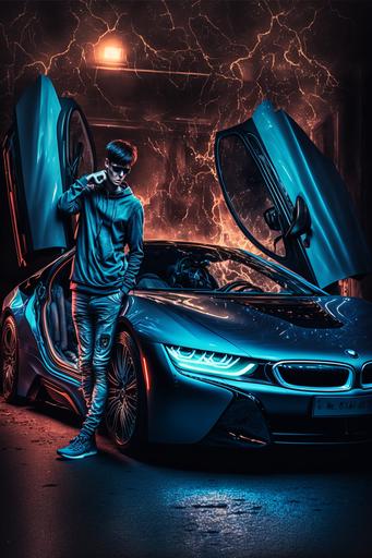 A BMW i8 with the open doors and the smart boy like age 16 sitting on the front part of the car the boy is holding a smart phone on his right hand and touching his black hair with left hand Camera view taken from the front of the car cinematic lighting highlighted car front lights 8k soft blue light hyper realistic dark surrounding --v 4 --ar 2:3