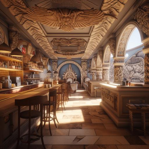 A Babylonian themed café with fine details, cuneiform motifs and winged bull statues ,8k__v 4