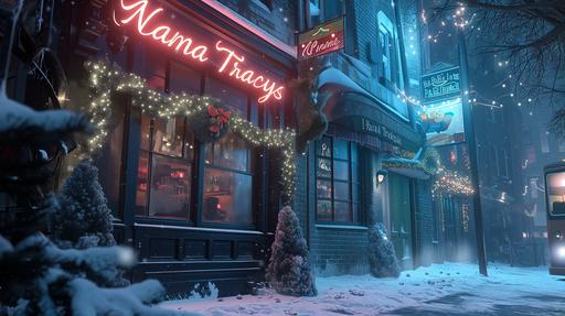 A Bar in London, in the snow, Merry Christmas sign with 