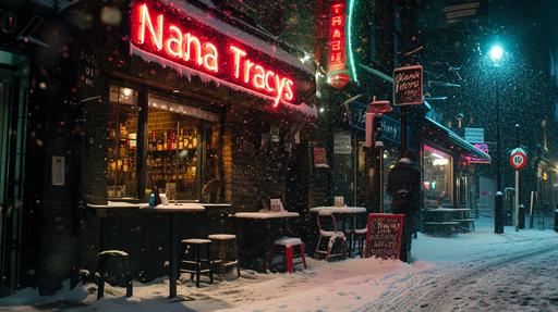 A Bar in London, in the snow, Merry Christmas sign with 