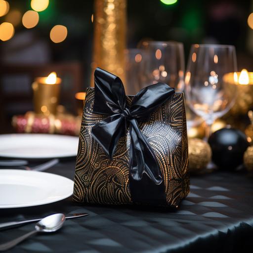 A Black leather wrapped gift bag tied with a shiny black rubbon on a table in a fancy evening art even in abidjan cote d'ivoire