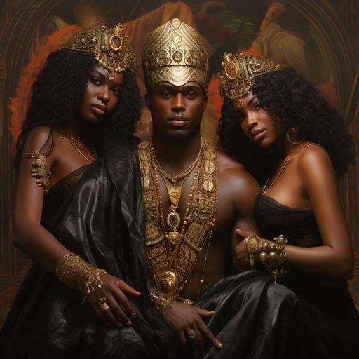 A Black man with Black skin, bright amber irises, a king of Kush, with his two sisters wives who have complexions like sudanese models and bright amber irisis, at court after his coronation, powerful, royalty, detailed