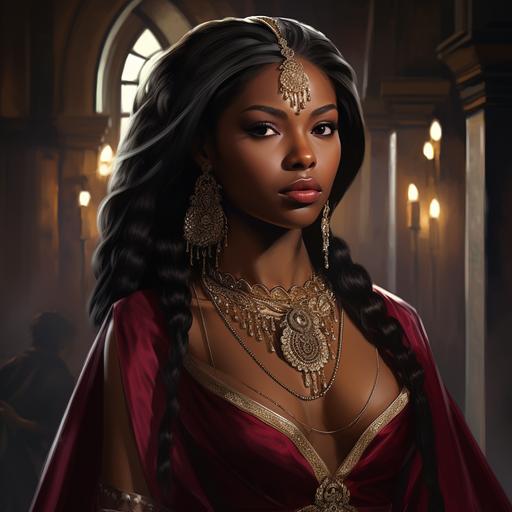 A Black woman, dark skinned like Ryan Destiny, dressed in a burgundy fantasy style gown, Songhai Empire inspired, wearing a diamond and ruby crown, diamond rings, necklace and bracelets walking through court, detailed, hyperrealistic
