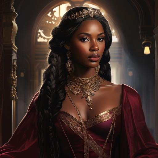 A Black woman, dark skinned like Ryan Destiny, dressed in a burgundy fantasy style gown, Songhai Empire inspired, wearing a diamond and ruby crown, diamond rings, necklace and bracelets walking through court, detailed, hyperrealistic