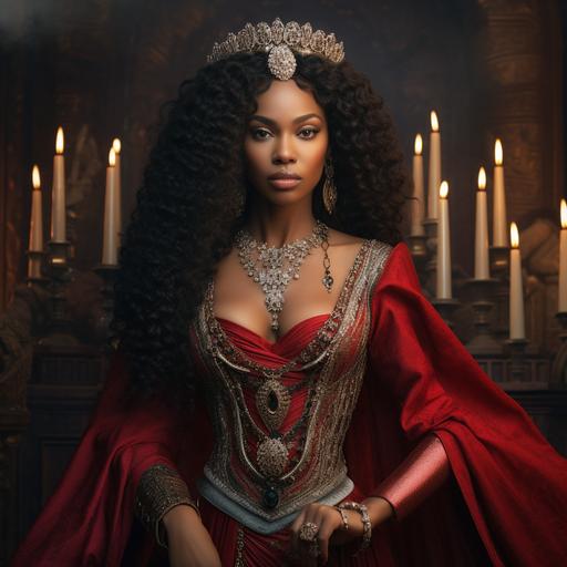 A Black woman dressed in Songhai Empire inspired fantasy fashion, wearing ruby necklace, rings and bracelets, diamond and ruby crown, queen, royalty, at court as the queen, detailed, hyperrealistic