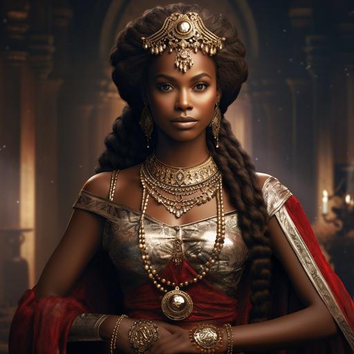 A Black woman dressed in Songhai Empire inspired fantasy fashion, wearing ruby necklace, rings and bracelets, diamond and ruby crown, queen, royalty, at court as the queen, detailed, hyperrealistic
