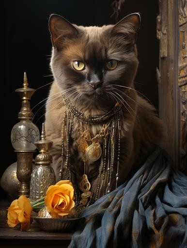 A Burmese cat, known for its sleek, sable coat and round, gold eyes, lounging on a silk cushion in an ornate room, exuding an aura of elegance and mystery. --ar 3:4 --s 750